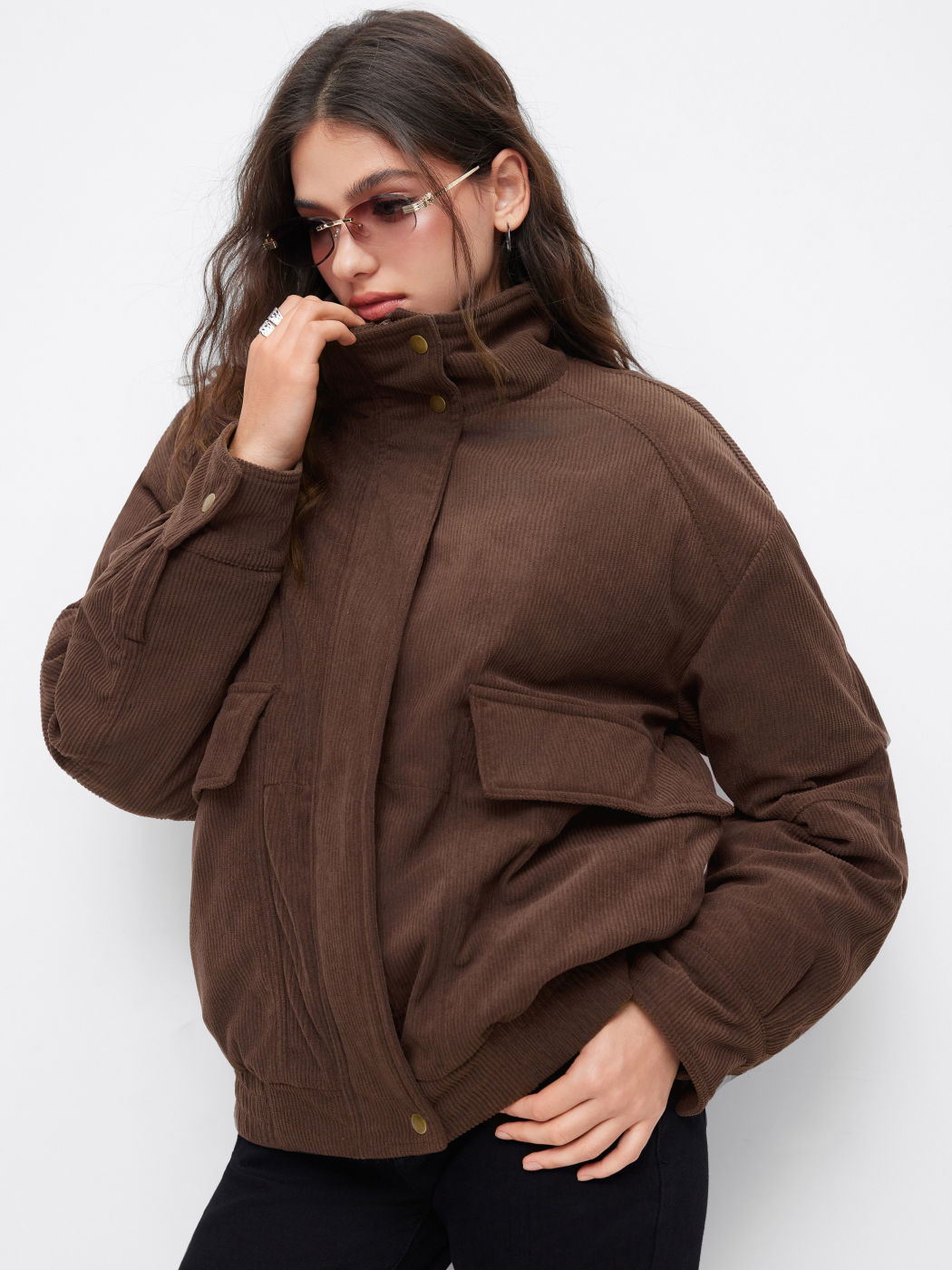 Corduroy Funnel Neck Zip Through Oversized Puffer