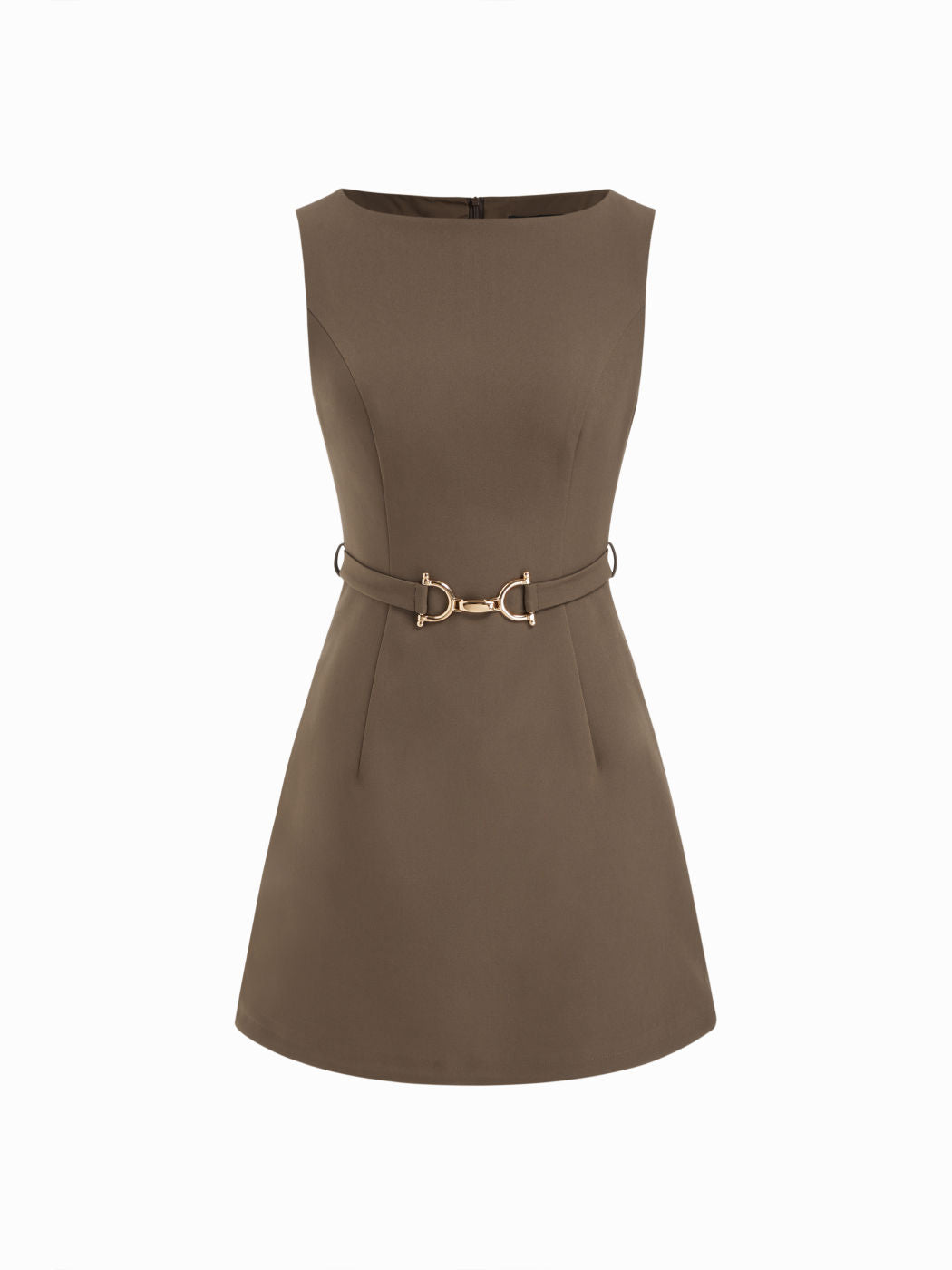 Boat Neck Metal Detail Zipper Mini Dress With Belt