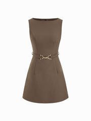 Boat Neck Metal Detail Zipper Mini Dress With Belt