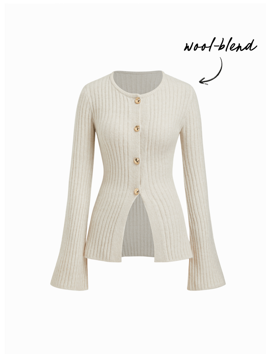 Knit Wool-blend Round Neckline Bell Sleeve Split Front Metal Button Cardigan