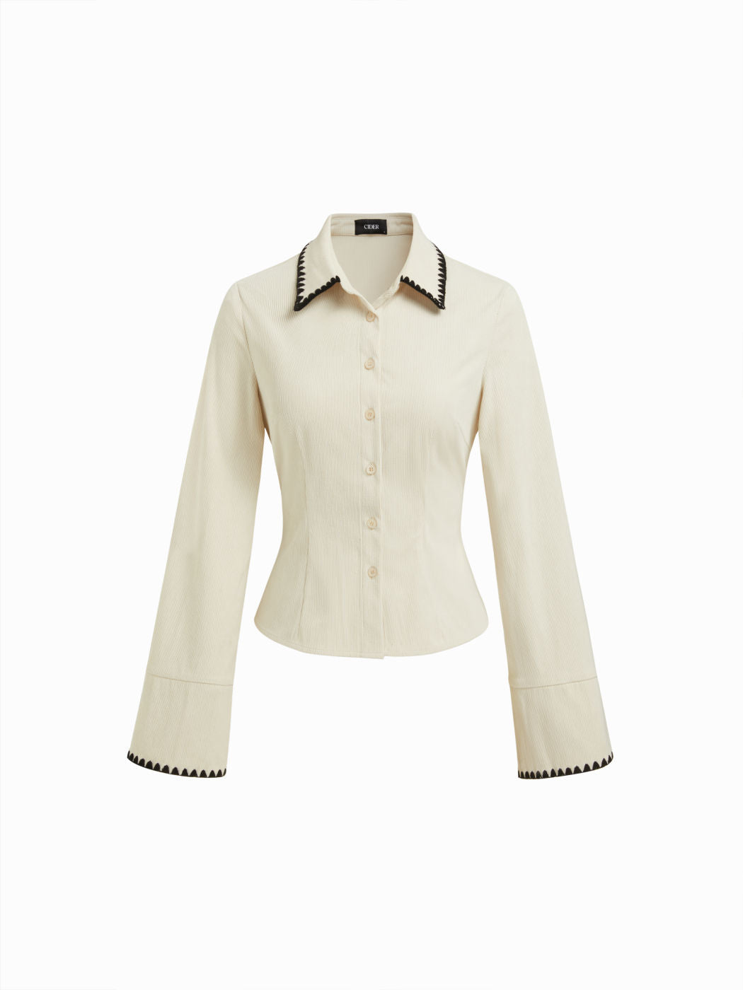 Corduroy Polo Bell Sleeve Contrasting Binding Blouse
