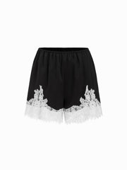 Satin Mid Rise Solid Elastic Waist Floral Lace Shorts