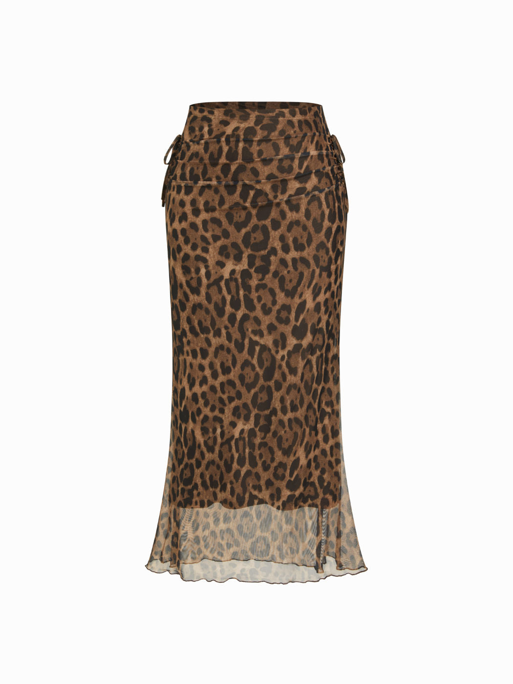 Mid Rise Leopard Drawstring Ruched Mermaid Midi Skirt