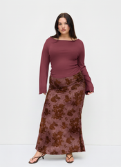 Boat Neck Long Sleeve Top & Mid Rise Floral Ruched Maxi Skirt Set Curve & Plus