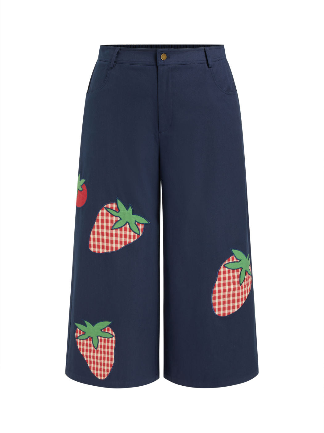 100% Cotton Mid Rise Strawberry Appliques Wide Leg Trousers Curve & Plus