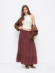 Cotton Mid Rise Plaid Flared Maxi Skirt