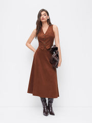 Suede V-neck Vest & Mid Rise Midi A-Line Skirt Set