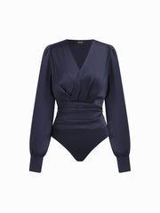 V-neck Solid Long Sleeve Ruched Bodysuit