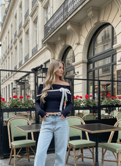 Knit Wool-blend Off-shoulder Lace Trim Long Sleeve Top