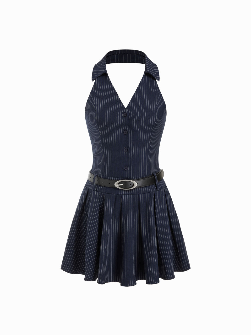 Halter Neckline Striped Mini Flared Dress With Belt