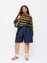 Denim Mid Rise Pleated Bermuda Jorts With Belt Curve & Plus