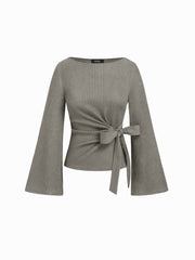 Boat Neck Textured Side Knotted Ruched Long Sleeve Top