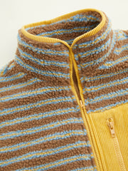 Fleece High Neck Striped Oversized Jacket With Drawstring Hem