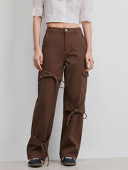 Cider Denim Low Rise Solid Bowknot Pocket Wide Leg Jeans