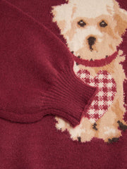 Knit Asymmetrical Neck Puppy Pattern Top