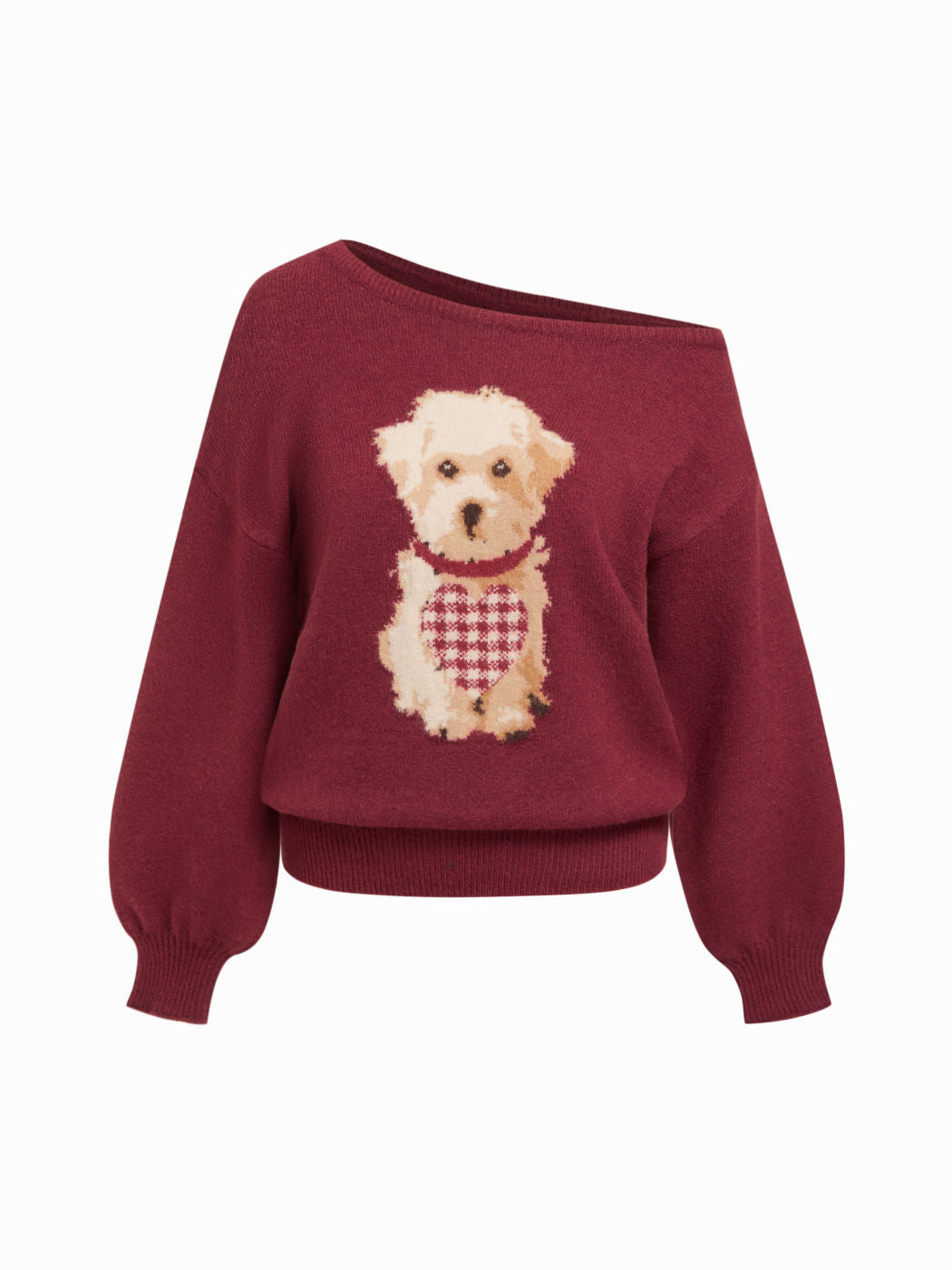 Knit Asymmetrical Neck Puppy Pattern Top