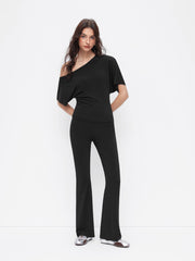 Asymmetrical Neck Ruched Top & Mid Rise Flared Trousers Set