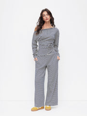 Cotton-blend Asymmetrical Neck Striped Top & Mid Rise Wide Leg Trousers Set