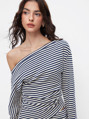 Cotton-blend Asymmetrical Neck Striped Top & Mid Rise Wide Leg Trousers Set