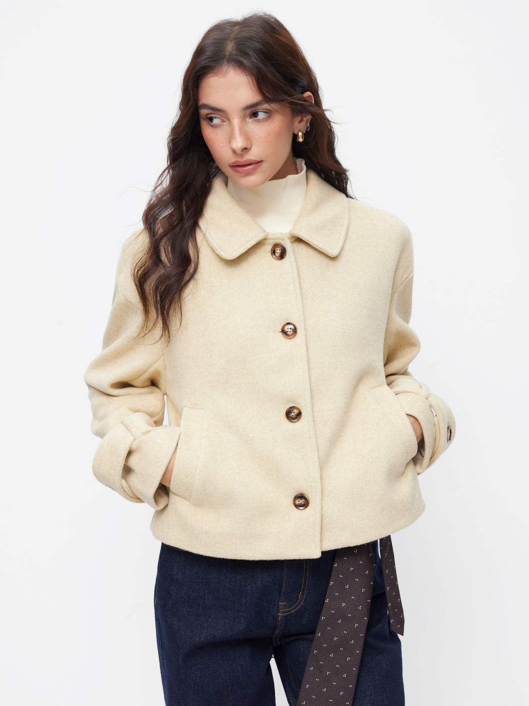 Wool-look Peter Pan Collar Long Sleeve Jacket