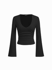 Cotton-blend V-neck Ruched Long Bell Sleeve Cinched Waist Tee