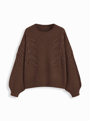 Knit Round Neckline Leaf Braid Oversized Sweater