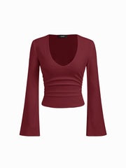 Cotton-blend V-neck Ruched Long Bell Sleeve Cinched Waist Tee