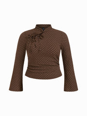 Mandarin Collar Textured Polka Dot Tie Front Ruched Top Curve & Plus