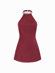 Satin Halter Neck Rhinestone Mini Dress
