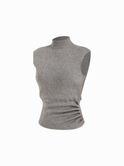 Knit Stand Collar High Stretch Ruched Side Button Vest
