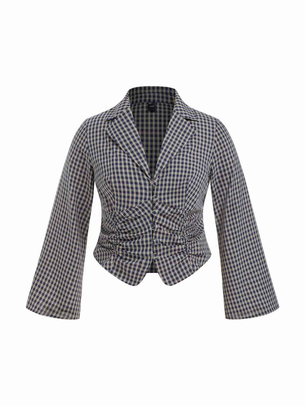 100% Cotton Plaid Collar Bell Sleeve Ruched Cinched Waist Blouse Curve & Plus