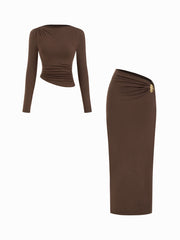 Boat Neck Ruched Top & Mid Rise Metal Detail Maxi Skirt Set