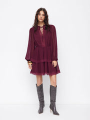Chiffon Stand Collar Lace Trim Layered Lantern Sleeve Mini Dresses