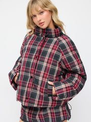Plaid Stand Collar Drawstring Pocket Puffer Jacket