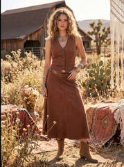 Suede V-neck Vest & Mid Rise Midi A-Line Skirt Set