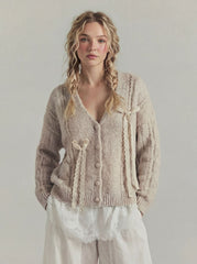 Knit Wool-blend V-neck Long Sleeve Lace Bowknot Button Oversized Cardigan