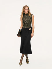 Leopard Print Stand Collar Top & Mid Rise Metal Detail Maxi Skirt Set