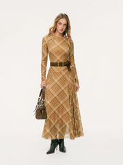 Mesh Boat Neck Plaid Asymmetrical Flared Maxi Dress