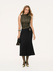 Leopard Print Stand Collar Top & Mid Rise Metal Detail Maxi Skirt Set
