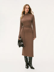 Textured Stand Collar Bell Sleeve Maxi Dress With Belt