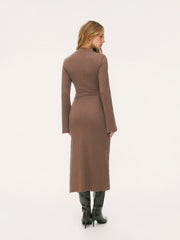 Textured Stand Collar Bell Sleeve Maxi Dress With Belt