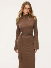 Textured Stand Collar Bell Sleeve Maxi Dress With Belt