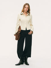 Corduroy Polo Bell Sleeve Contrasting Binding Blouse