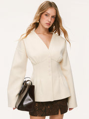 Wool-look V-neck Cinched Waist Jacket
