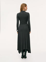 Stand Collar Ruched Ruffle Hem Maxi Dress