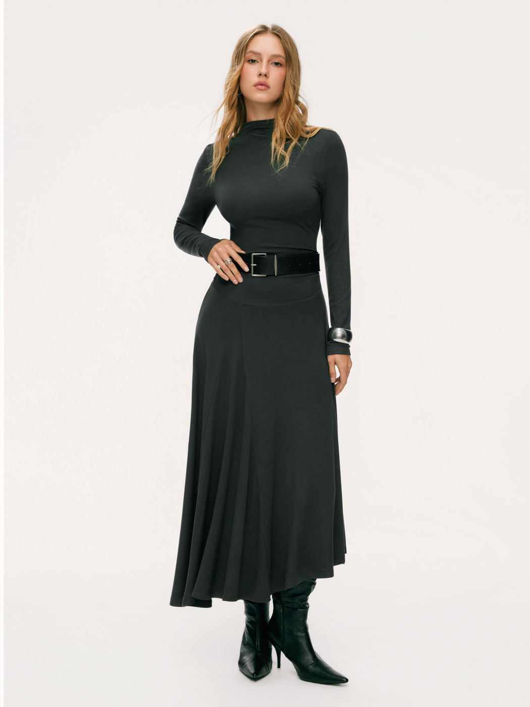 Stand Collar Ruched Ruffle Hem Maxi Dress