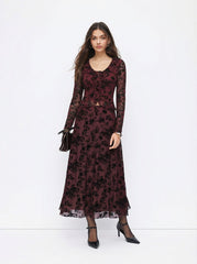 Mesh V-neck Floral Ruffle Hem Knotted Top & Mid Rise Maxi Skirt Set