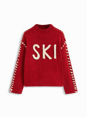 SKI Knit Round Neckline Long Sleeve Contrasting Binding Oversized Top
