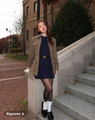 Wool-look Collar Button Pocket Cinched Waist Jacket