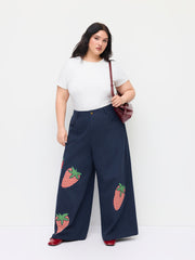100% Cotton Mid Rise Strawberry Appliques Wide Leg Trousers Curve & Plus